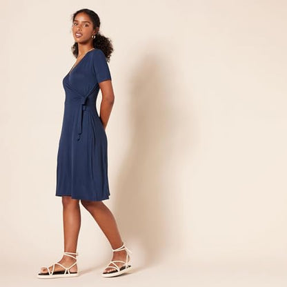 Amazon Essentials Women's Short Sleeve V Neck Faux-Wrap Dress, Fitted - color: Navy, size: Large