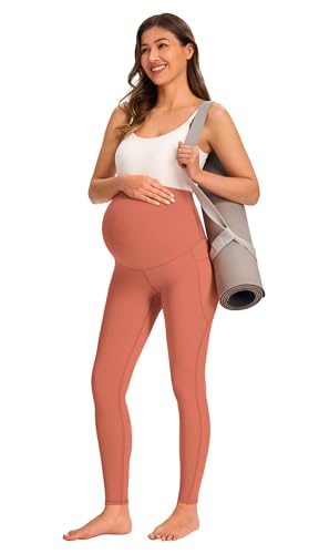 JOYSPELS Smooth Feeling Maternity Workout Leggings with Pockets Pregnancy Pants Over The Belly - color: Peach Blossom, size: Large