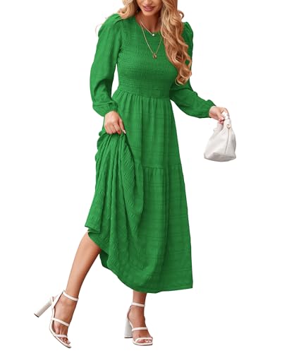 dowerme Women's Dresses 2026 Spring Puff Long Sleeve Crewneck Smocked Tiered Flowy A-Line Boho Wedding Party Maxi Dress - color: Grass Green, size: Medium