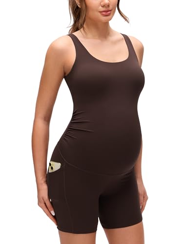 CRZ YOGA Maternity U Neck Romper Pockets - color: Hot Fudge Brown, size: Medium