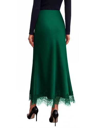 BTFBM Lace Trim Satin Skirts for Women Elegant - color: Dark Green, size: Medium