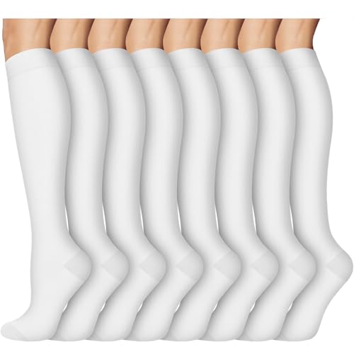 8 Pairs Compression Socks Women Men 15-20mmHg Knee High Support Circulation - color: 025 - White, size: Small-Medium
