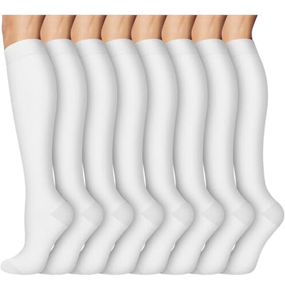 8 Pairs Compression Socks Women Men 15-20mmHg Knee High Support Circulation - color: 025 - White, size: Large-X-Large