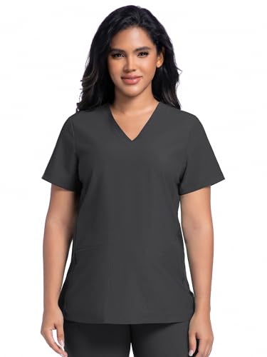 COZYFIT Maternity Scrub Top, V-Neck Pregnancy Shirt with 2 Pockets - color: Dark Grey, size: Small