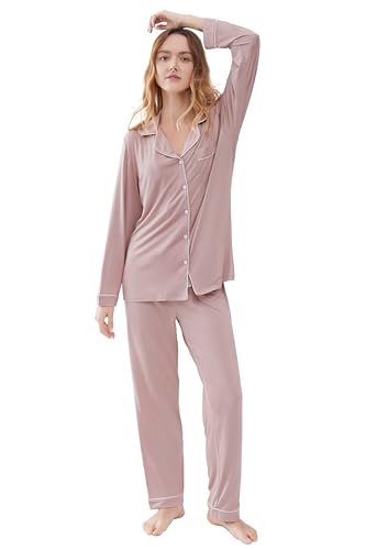 Joyaria Women's Cooling Bamboo Viscose Pajama Set Long Sleeve Button Front - color: Blushing Pink, size: Large