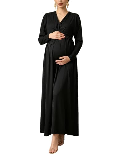 Maternity Long Sleeve V Neck Maxi Dress Tie Waist Flowy Maxi Gown - color: Black, size: Large