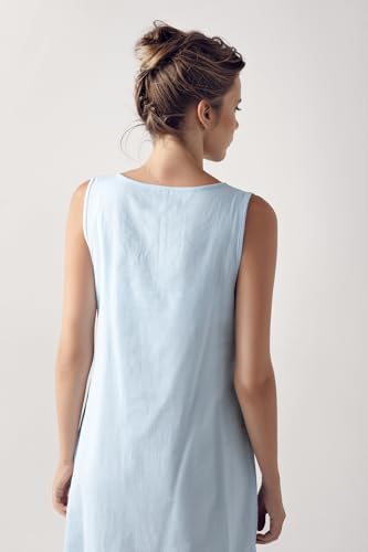 Maternity Nursing Pajama Set Blue Woven Cotton Sleeveless V-Neck Midi Robe and Pants, S - Multiple Options - size: Medium