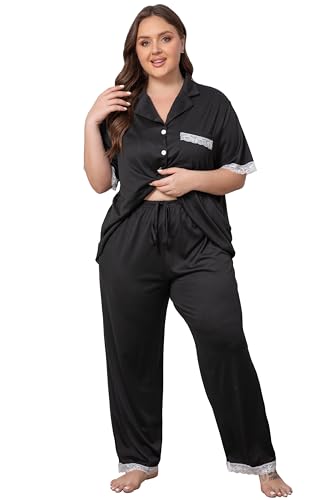Vozanet Women Short Sleeve Long Pants Pajama Sets Lace Trim Button Down Sleepwear Plus Size Knit Loungewear Sexy Nighty - color: Black, size: 4X-Large