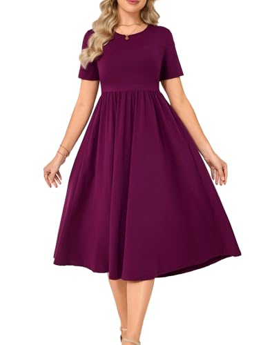 Women's Cotton Nursing Dresses Breastfeeding Midi Breastfeeding Dress with Pockets - color: Burgundy, size: Medium