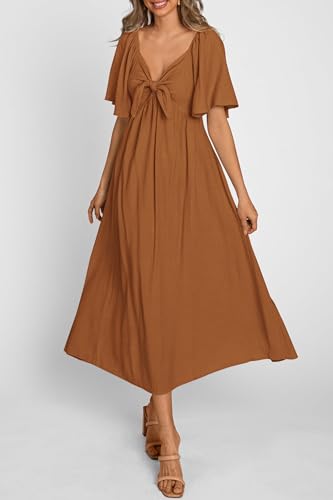 PRETTYGARDEN Women's Summer Bow Tie V Neck Midi Dresses - color: Brown, size: Medium