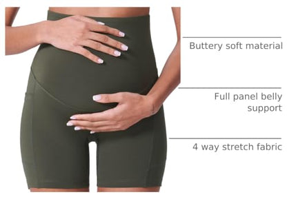 POSHDIVAH 3/4 Pack Maternity Biker Shorts Over The Belly with Pockets 5"/8" - color: Black/Grey/Green 5", size: Medium