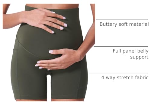 POSHDIVAH 3/4 Pack Maternity Biker Shorts Over The Belly with Pockets 5"/8" - color: Black/Grey/Green 5", size: Small