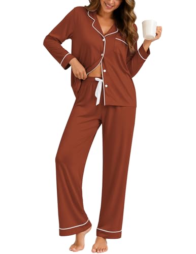 ZMJ Womens Pajama Sets 2 Piece Long Sleeve Button Down Sleepwear with Pants - color: Caramel, size: XX-Large