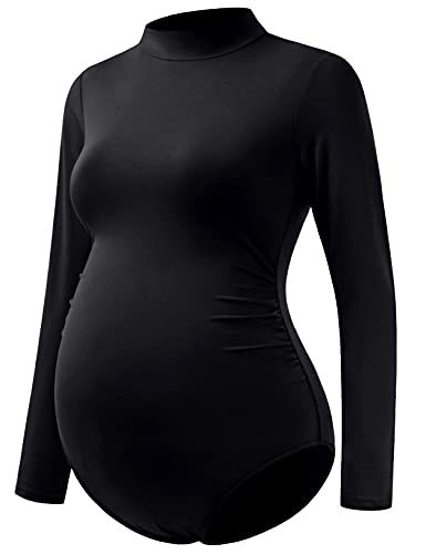 Bhome Maternity Shirt Mock Neck Long Sleeve Bodysuit for Pregnant Photoshoot - color: Black, size: Medium