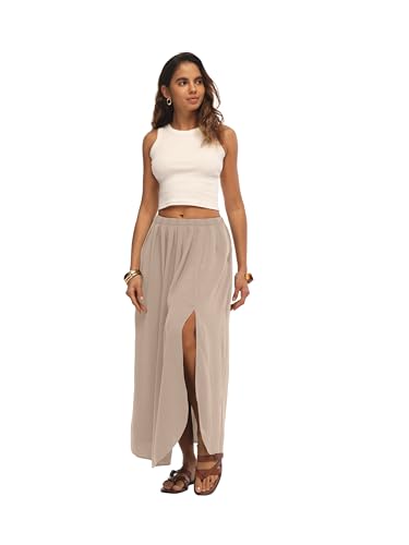 HiMONE Womens Maxi Skirt High Waisted Flowy A Line with Side Slit - color: Apricot, size: XX-Large