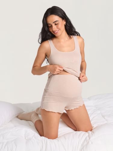 MOMANDA Modal Ribbed Maternity Lounge Shorts - color: Light Khaki Heather, size: X-Small