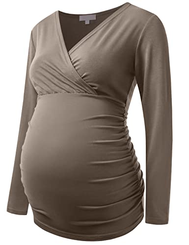 Maternity Shirt Long Sleeve Top Wrap V Neck Blouse Cross Over Nursing Tshirt - color: Coffee, size: Medium