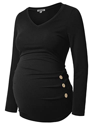 GINKANA Maternity Shirt Long Sleeve Basic Top Ruch Sides Buttons Tshirt for Pregnant - color: Black, size: Small