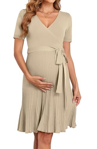 V FOR CITY Maternity Dress Baby Shower Dresses for Women Casual Pleated A Line Waistband Short Sleeve V Neck Knit Summer S-XL - color: Tan