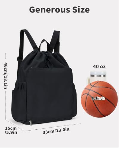 Drawstring Backpack with Shoe & Wet Compartments, Cup & Ball Holders, Black - color: Black