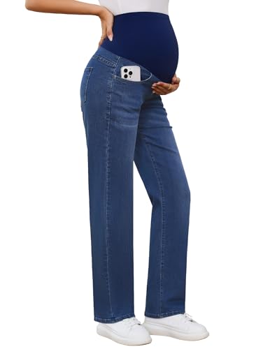 POSHGLAM Women's Maternity Jeans Straight Leg Over Belly Comfy Stretch Casual Denim Pants - color: A02 Dark Blue, size: Large
