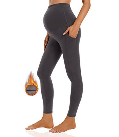 Foucome Women's Fleece Lined Maternity Leggings with Pockets - color: Grey, size: Large