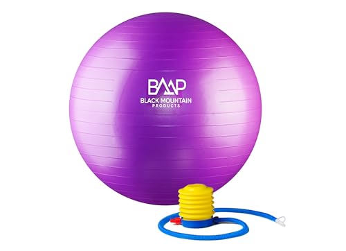 Black Mountain Products Professional Grade Exercise Stability Yoga Ball, Foot Pump, Ball Plug, Plug Puller, 2000 Pounds Static Weight Capacity Antiburst - color: Purple, size: 55 cm