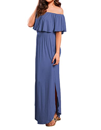 VERABENDI Women's Off Shoulder Summer Casual Long Ruffle Beach Maxi Dress with Pockets - color: Beja Blue, size: Medium