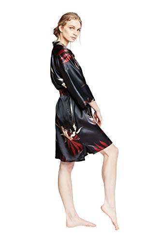 KIM+ONO Satin Short Kimono Robe for Women - color: Hana - Black