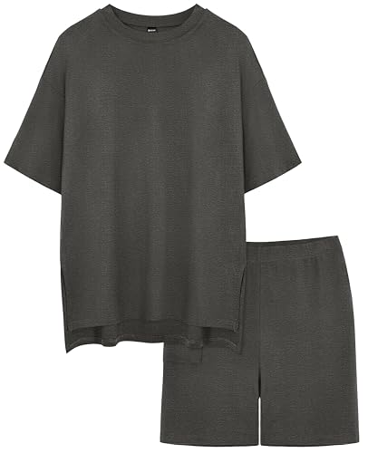 RUBZOOF Women 2 Piece Lounge Sets Summer Outfits Shorts Set - color: Deep Grey, size: Large