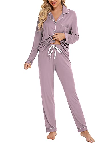 Anjue Pajamas For Women Set Long Sleeve Button Up Sleepwear Soft Pjs - color: Lavender, size: Large