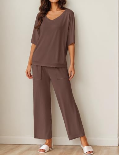 Ekouaer Lounge Sets for Women Comfy Pajamas Set 2 Piece Outfits - color: Brown, size: Small