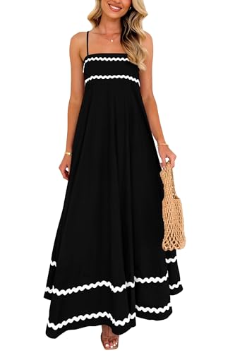 PRETTYGARDEN Women's Summer Spaghetti Strap Boho Maxi Dress - color: Black, size: Medium