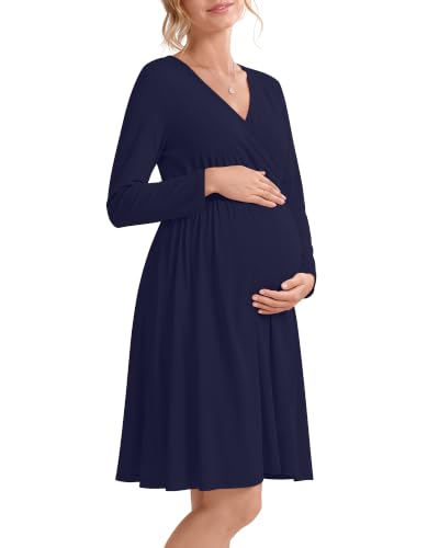 Locoowai Maternity Wrap Long Sleeve Dress V Neck Fall Dress - color: Navy Blue, size: Small