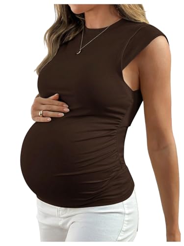 MakeMeChic Women's Maternity Shirts Summer Crew Neck Ruched Sleeveless Fitted Pregnancy Tops - size: Large