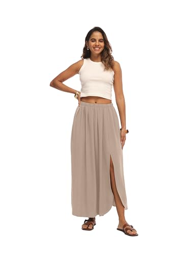 HiMONE Womens Maxi Skirt High Waisted Flowy A Line with Side Slit - color: Apricot, size: Small