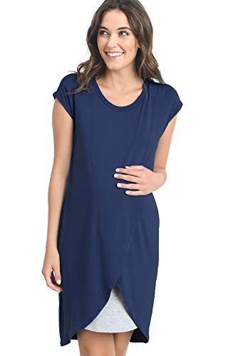 HELLO MIZ Color Block Asymmetrical Breastfeeing Maternity Nursing Dress - color: Navy/Grey, size: Small