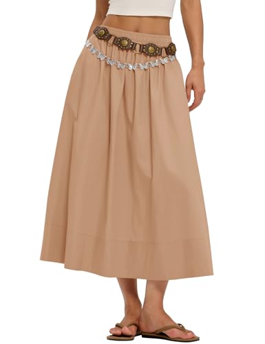 LOMON Midi Skirts for Women with Pockets A-Line Cotton Flowy Elastic Waist - color: Camel, size: X-Large