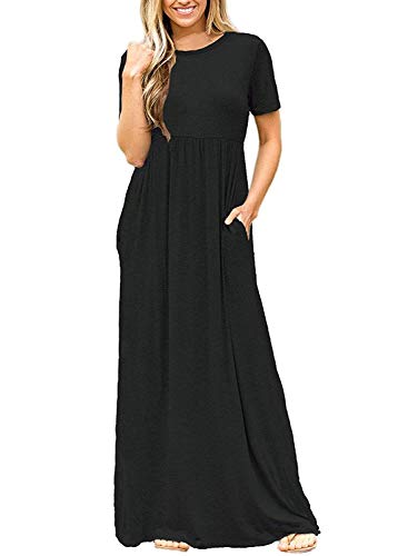 DEARCASE Maxi Dress for Women Short Sleeve Casual Summer Loose Plain Comfy Long Dresses with Pockets - color: 1-black, size: X-Large