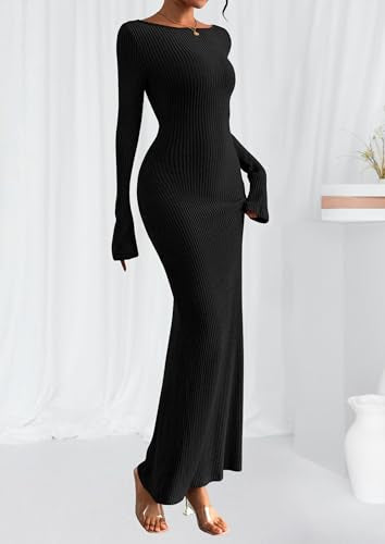 PRETTYGARDEN Women's Fall Long Sleeve Bodycon Maxi Dresses - color: Black, size: X-Small