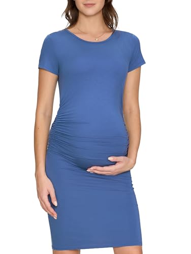 Women's Maternity Dress Short Sleeve Ruched Pregnancy Summer Dresses - color: Grey Blue, size: XX-Large