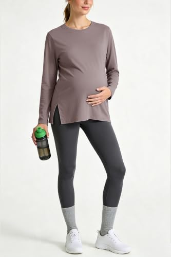 Women's Maternity Shirts Short Sleeve Split Hem Pregnancy Tops Clothes - color: Brown, size: Medium