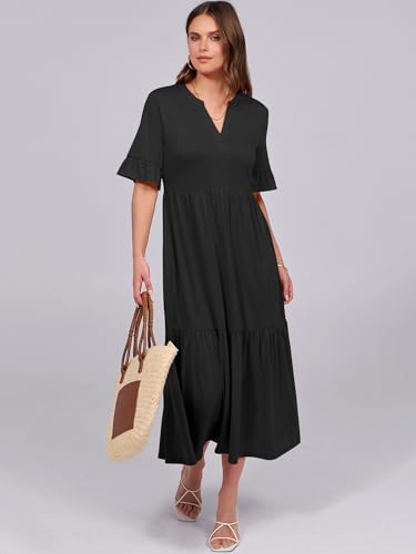 ANRABESS Womens Summer Casual Maxi Dresses Ruffle Short Sleeve Dress - color: Black, size: Medium