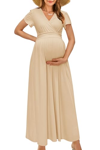 OUGES Women's Wrap V Neck Summer Maternity Photoshoot Dress with Pockets - color: Beige, size: XX-Large