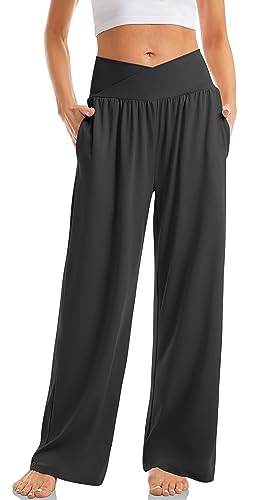 TARSE Womens Wide Leg Casual Loose Pants Yoga Sweatpants - color: Dark Gray, size: 3X-Large