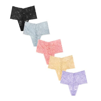 High Waisted Leaf Thick Waistband Lace Cotton Soft Thong Plus Size - color: 5 Pieces Brilliant, size: X-Large