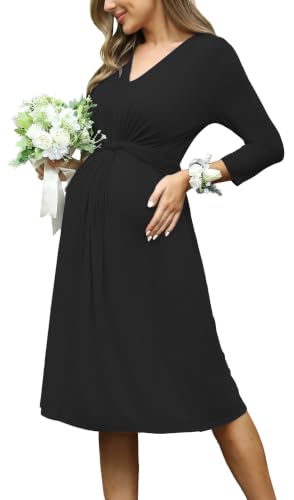 Fall Maternity Midi Dress V Neck 3/4 Sleeve Baby Shower - color: Black, size: Small
