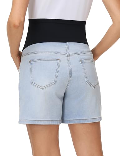 Foucome Women's Maternity Jean Shorts Over the Belly - color: Light Blue, size: Small
