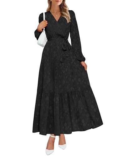 PRETTYGARDEN Womens Long Sleeve Boho Floral Wrap Maxi Dress - color: Black, size: Medium