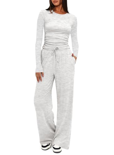 Darong Women's 2 Piece Matching Lounge Sets 2026 Fall Casual Outfits - color: White Grey, size: Medium